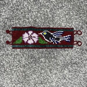 Handmade Red Beaded Hummingbird & Flower Bracelet